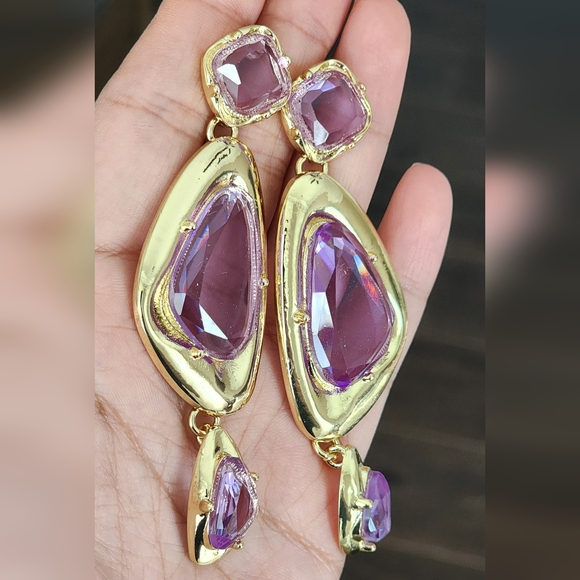 Gold and Purple Drop Earrings - Picture 6 of 6